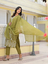 Olive Green Ethnic Motif Printed Viscose Kurta, Pant And Dupatta Set With Gota Patti Work-J4621OLIVE